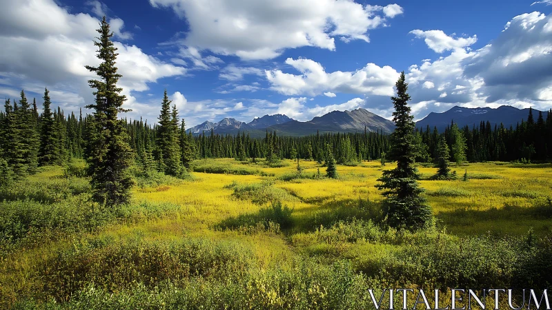 Subalpine meadow with conifer stand under stratocumulus sky
