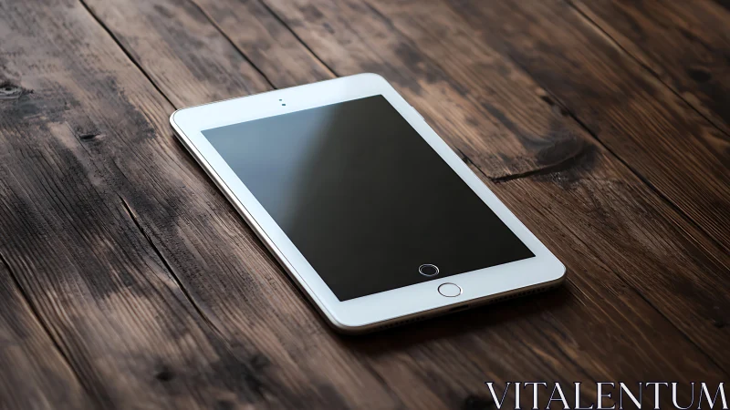 White tablet device displayed on weathered wooden surface