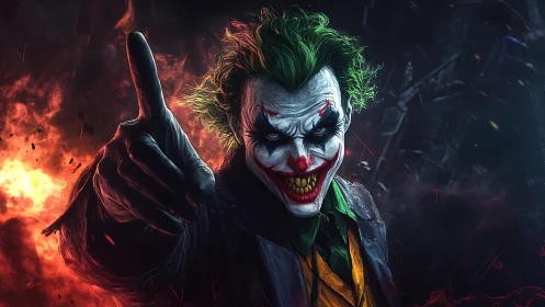 Paint-smeared trickster points through firelit madness tonight