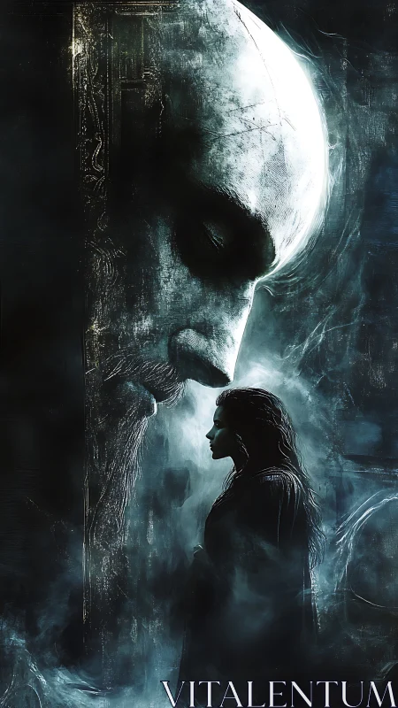 Monolithic spectral visage communing with silhouetted figure.