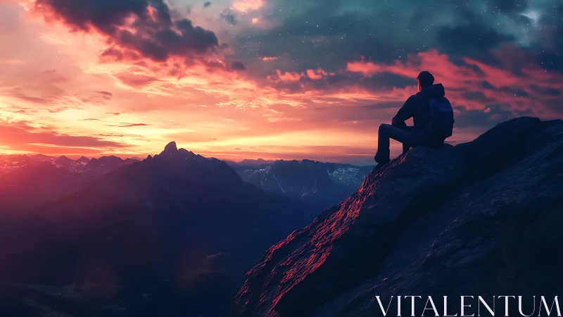 Solitary hiker silhouetted on glowing alpine ridge at sunset.