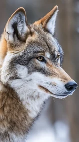 Calm winter wolf gazes ahead with quiet, focused strength
