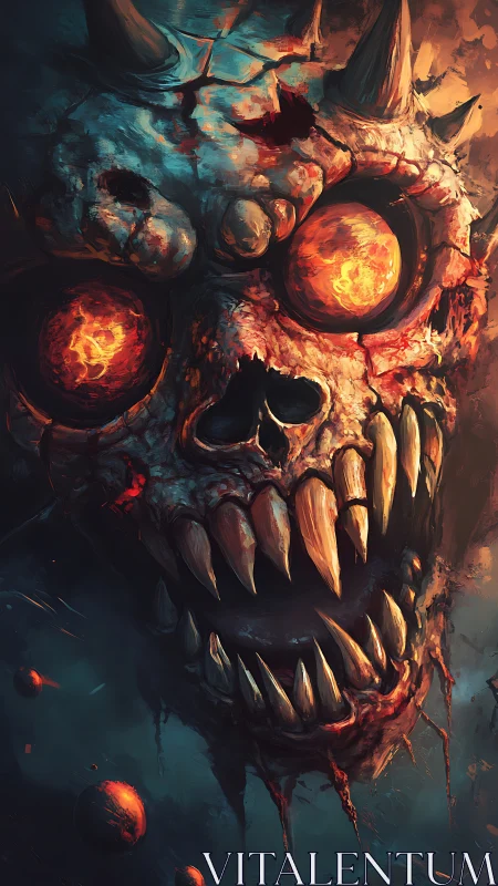 Horned fiery skull with molten eyes in dark cosmic void.