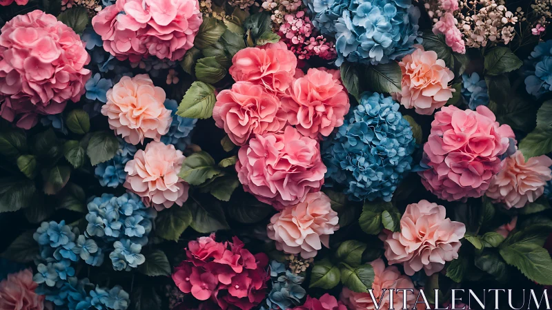 Dense Flowering Garden with Pink and Blue Blooms