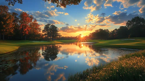 Golflandscape sunrise with mirrored water reflections and autumn foliage