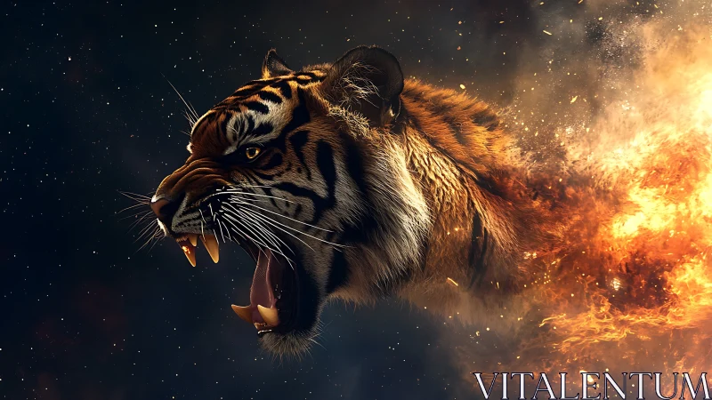 Roaring cosmic tiger bursting through cascading firestorm.