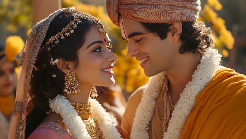 Close-up of Indian wedding couple with ornate jewelry and garlands
