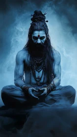 Blue-lit ascetic yogi in lotus posture within swirling smoke