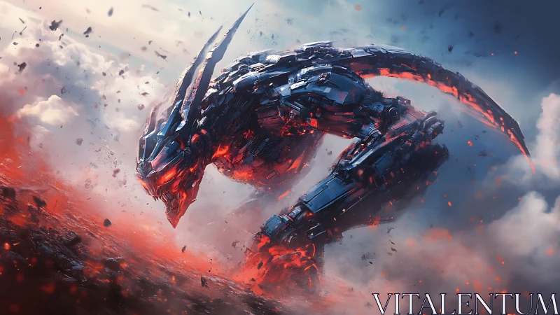 Molten mech-dragon charging across fractured volcanic wasteland