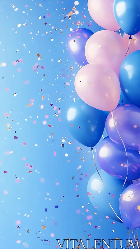 Pastel Balloons Ascending Through Confetti Against Blue Sky