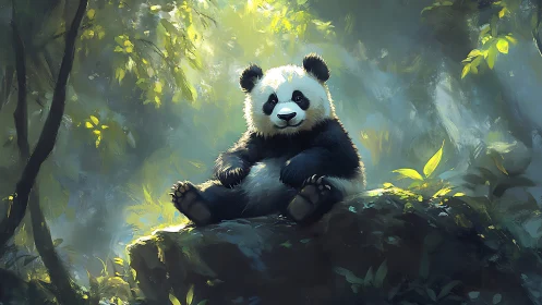 Playful panda cub relaxes on mossy rock in sunlit forest.