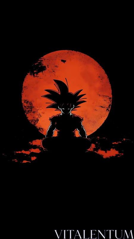 Silhouetted warrior meditating before red lunar backdrop.