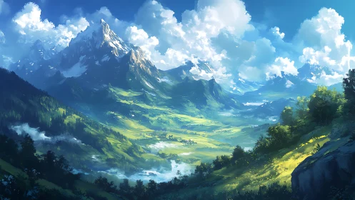 Sunlit mountain valley dreaming under billowing summer skies.