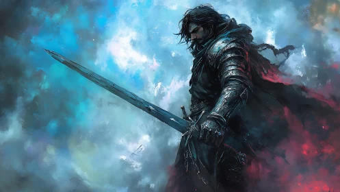 Armored swordsman in stormlit mist with extended longsword