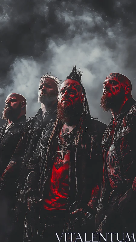 Storm-lit metal warriors glare upward through blood-red haze