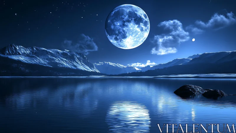 Hyperreal lunar landscape illuminates glacial lake at night