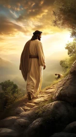 Messianic figure walking sunlit mountain path in soft glow