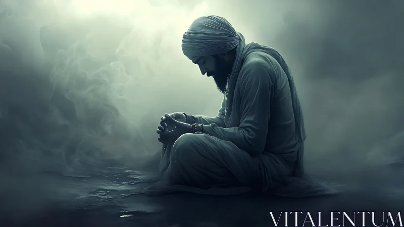 Solitary turbaned figure in mistlit contemplative silence.