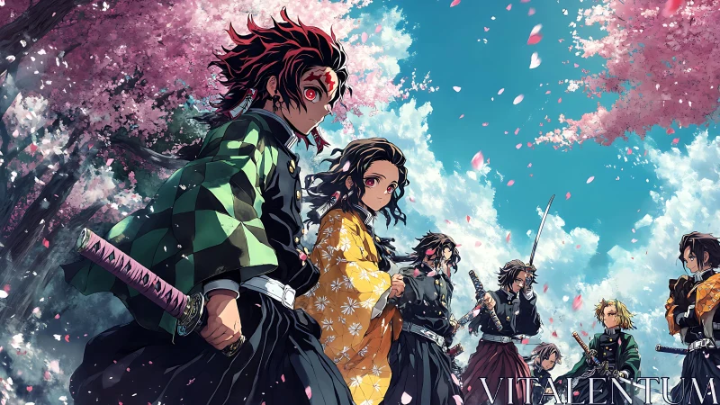 Anime swordsmen under cherry blossoms in dramatic lineup.