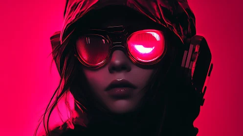 Cyberpunk portrait with neon visor reflections and hooded silhouette.