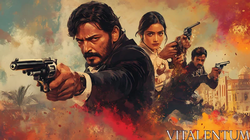 Three armed agents advance through burning urban chaos