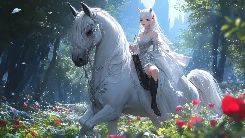 Moonlit fox maiden astride a silver steed in wild bloomwood.