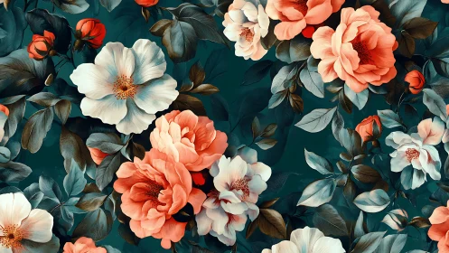 Coral and White Peonies on Deep Teal Garden Background.