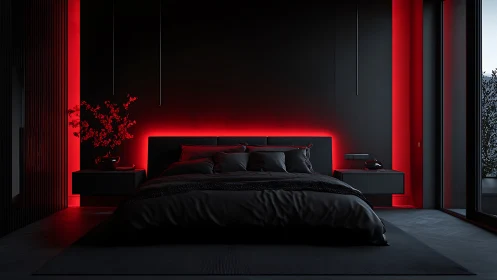 Dark minimalist bedroom with red LED backlit accent wall.