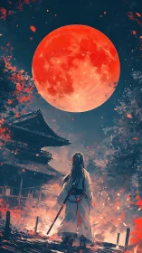 Scarlet moon over shrine as lone swordswoman advances.