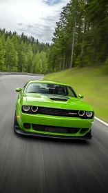 Lime green muscle car powers through a forested mountain road.