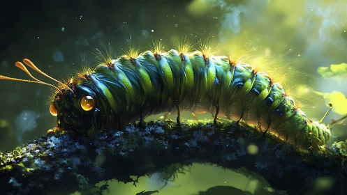 Luminous forest caterpillar glows along a mossy branch.