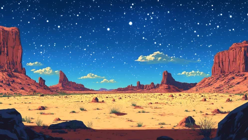 Digital painting of starry desert canyon under deep blue sky.