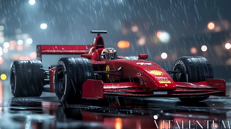 Red Formula racer in cinematic night rain street scene.
