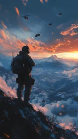 Sunset patrol above misty mountains and distant valleys.