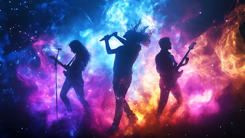 Spectral rock trio silhouetted in chromatic nebular plumes.