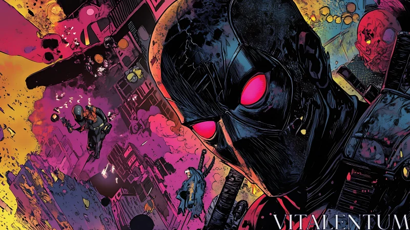 Neon masked antihero dominates chaotic cyberpunk skyline.