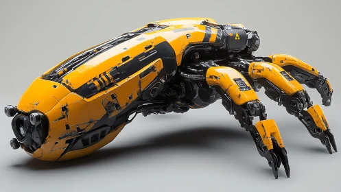 Bright yellow mech spider rests in sleek industrial light