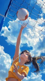 Girl in yellow jersey reaching toward volleyball netted ball.