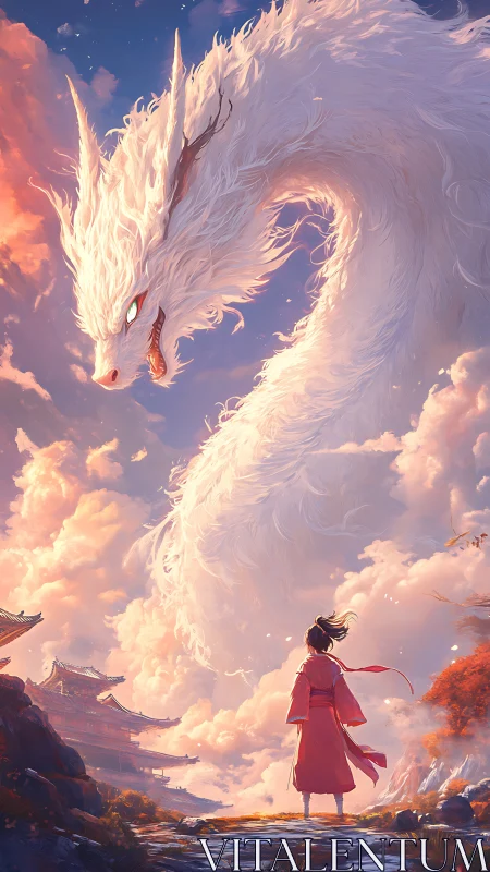 Skyward encounter with luminous white dragon guardian.