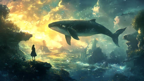 Levitating whale and lone girl in luminous fantasy seascape