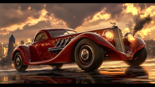 Rendered vintage coupe stands on reflective wet surface at dusk