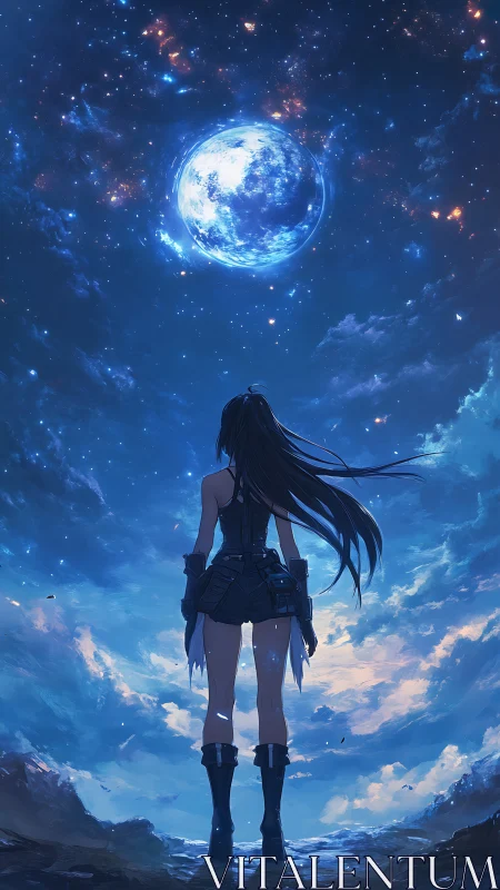 Stargazing warrior under luminous blue cosmic vortex.