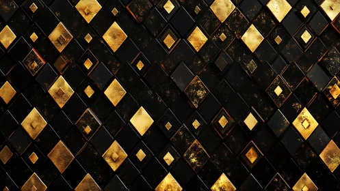 Gilded geometric tiles shimmer across a dark lattice.
