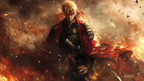 Samurai warrior in red armor amid swirling firestorm.