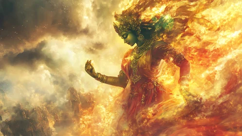 Radiant fire goddess dancing through swirling golden light.