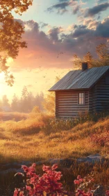Sunlit log cabin rendered in warm atmospheric perspective