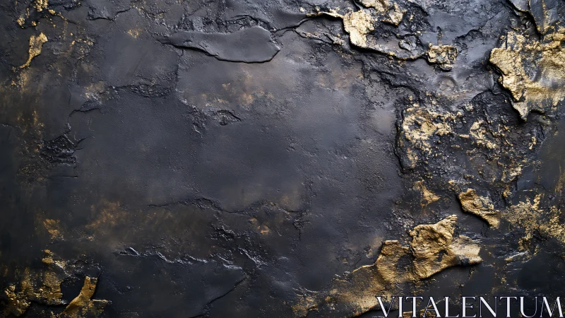 Textured black relief surface with irregular metallic gold strata
