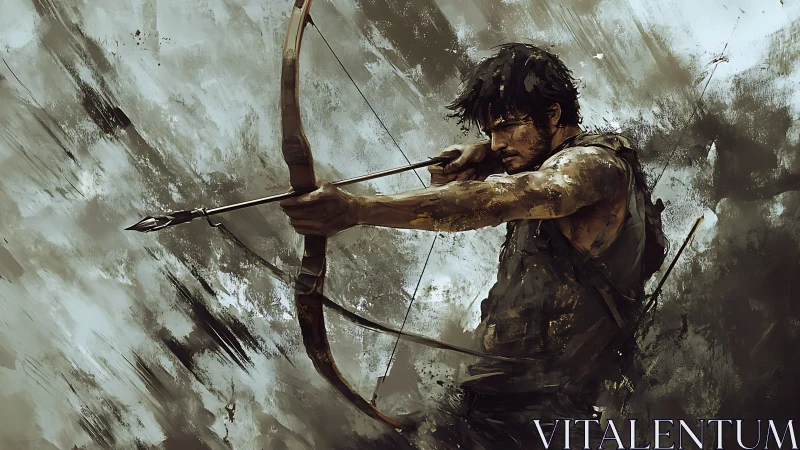 Mud-smeared archer draws bow through storm-swirled chaos.