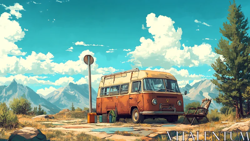 Weathered camper van under high-altitude sky in stylized landscape