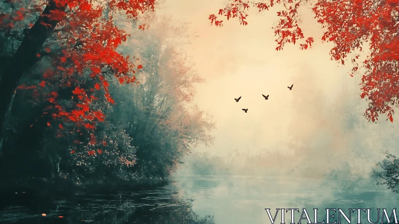 Mist veiled river at sunrise with crimson autumn canopy and birds